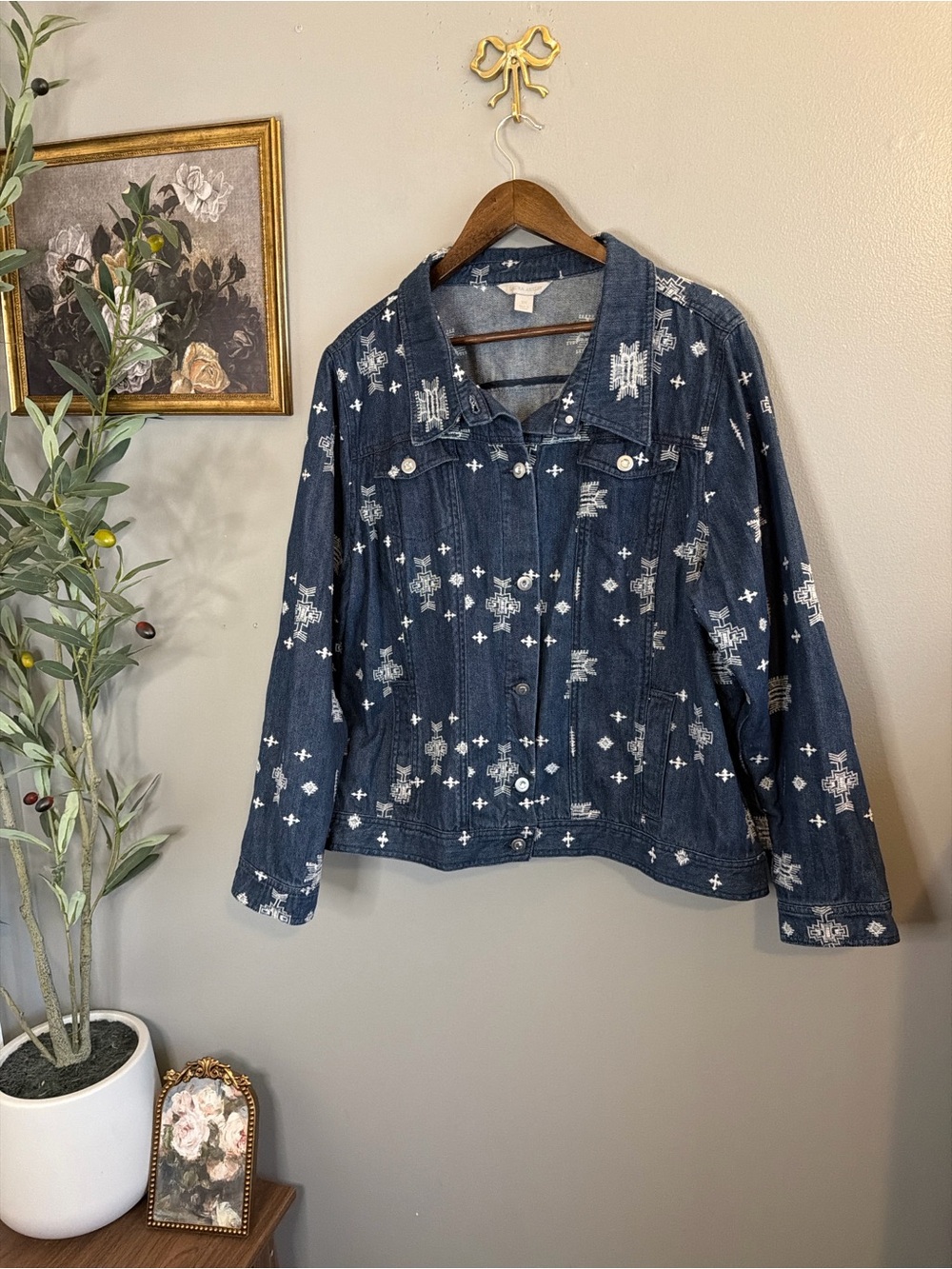 Laura Ashley 3X Embroidered Denim Jacket Boho Western Aztec Plus Size Cotton - Picture 2 of 8